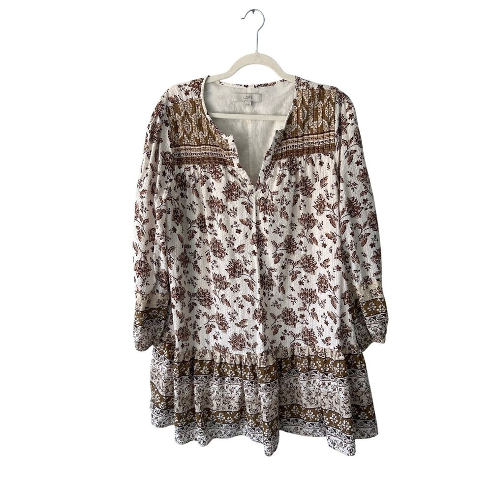 Loft White and Brown Floral Boho Long Sleeve Dress Extra Large